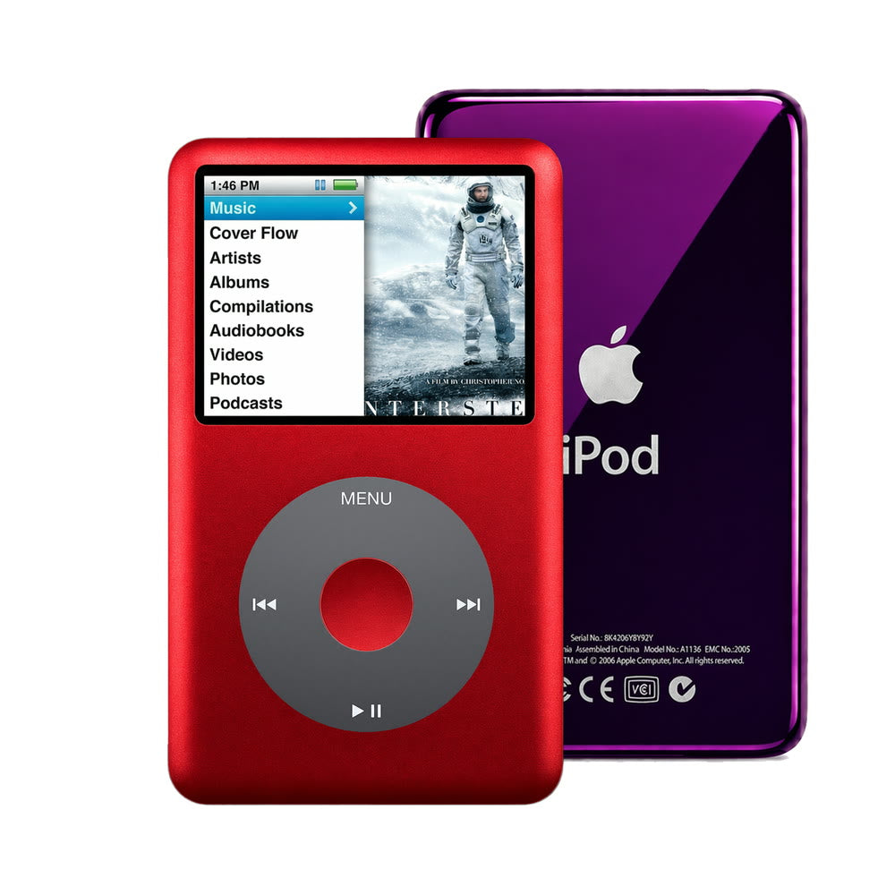 Red refurbished iPod Classic 7th Gen with Black click wheel and Purple back plate