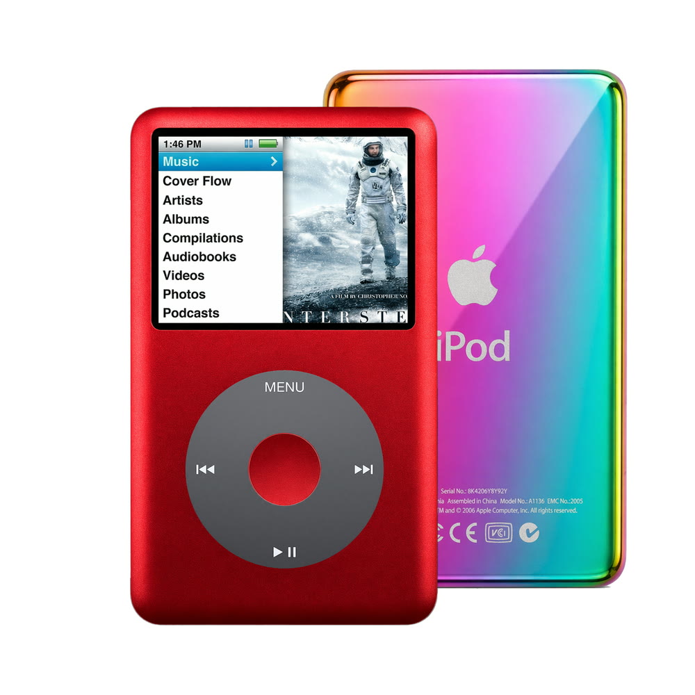 Red refurbished iPod Classic 7th Gen with Black click wheel and Rainbow back plate