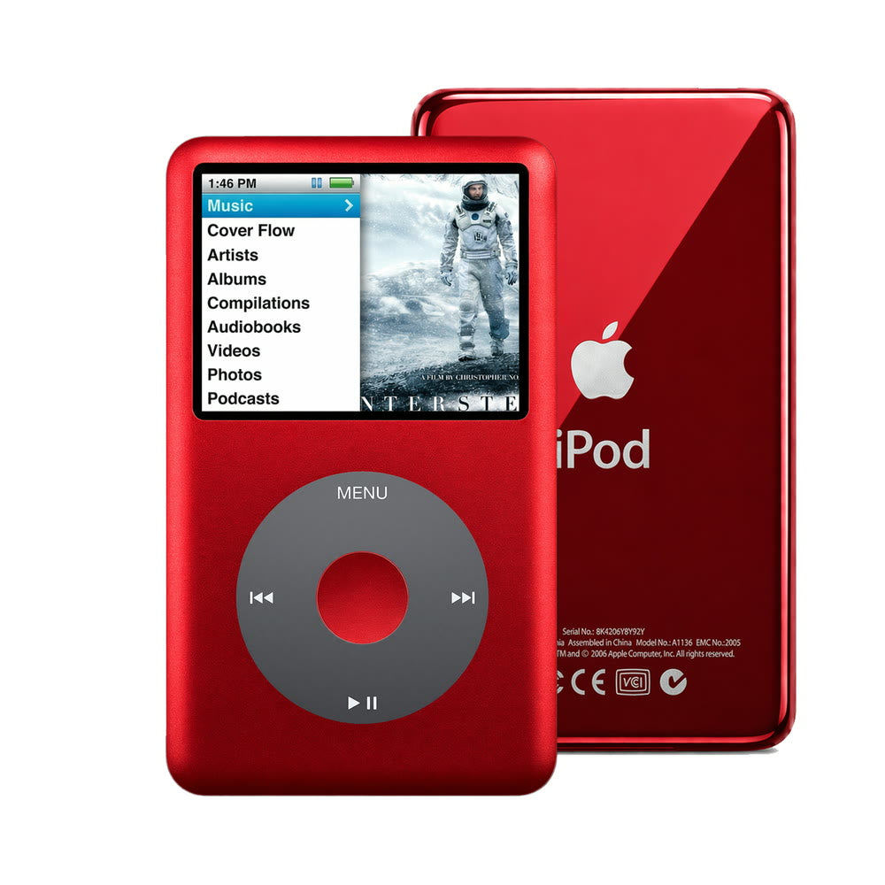 Red refurbished iPod Classic 7th Gen with Black click wheel and Red back plate