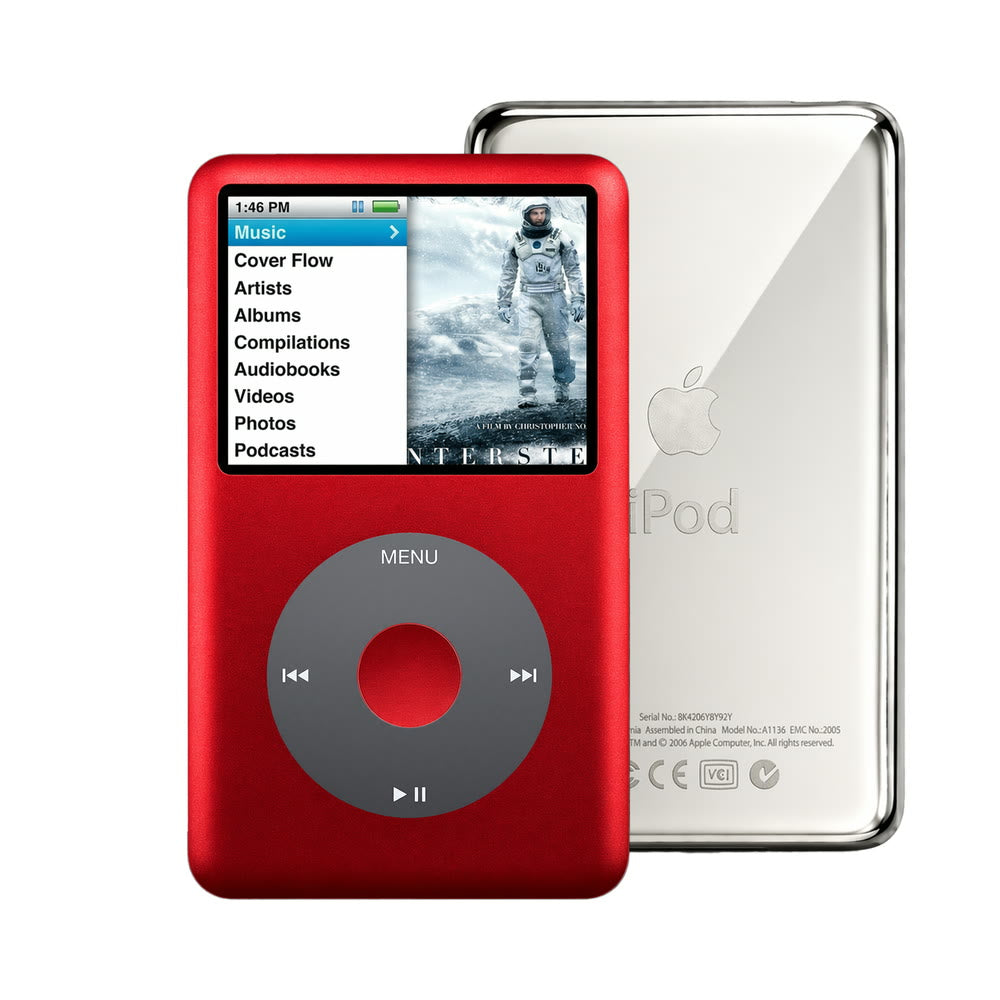 Red refurbished iPod Classic 7th Gen with Black click wheel and Silver back plate