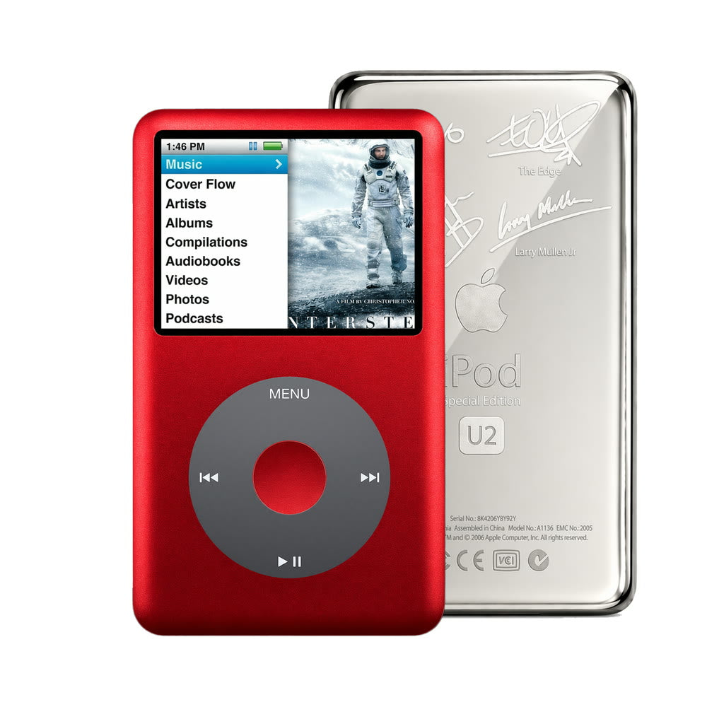 Red refurbished iPod Classic 7th Gen with Black click wheel and Silver U2 back plate