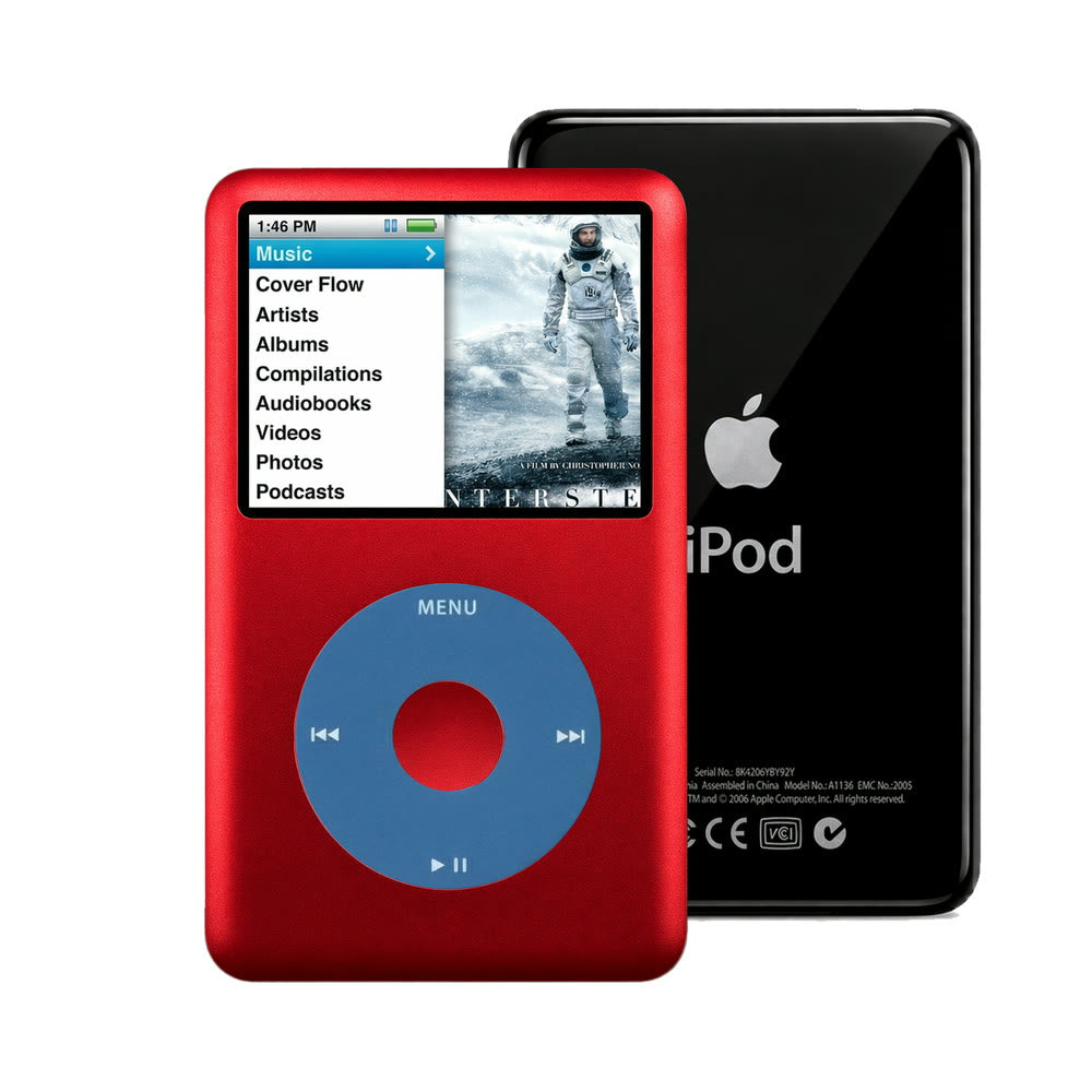 Red refurbished iPod Classic 7th Gen with Blue click wheel and Black back plate