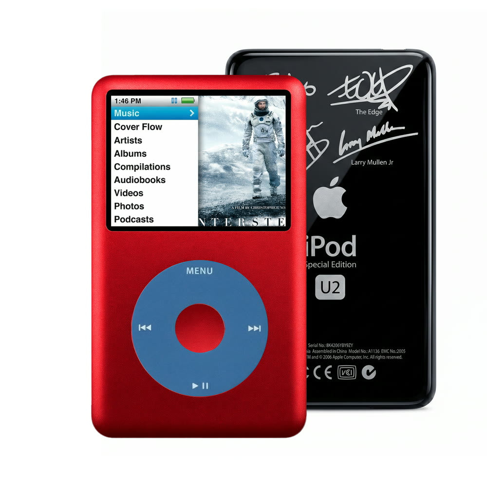 Red refurbished iPod Classic 7th Gen with Blue click wheel and Black U2 back plate