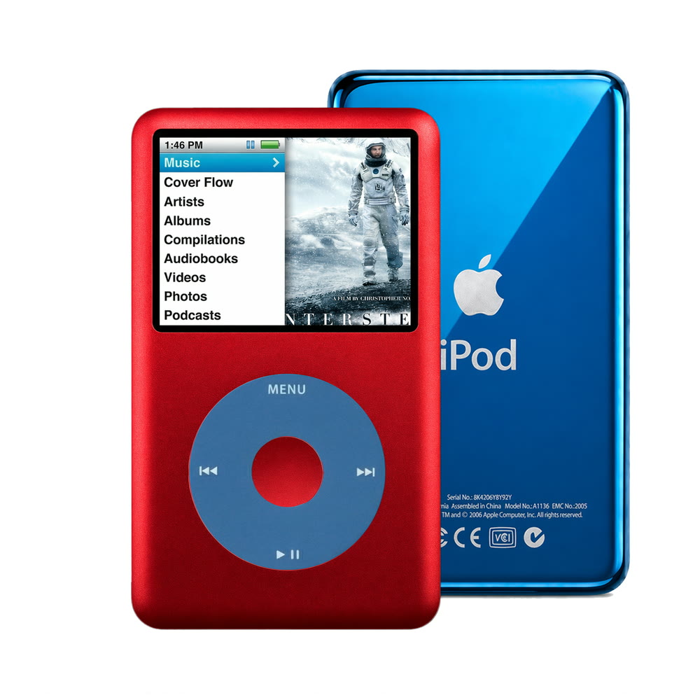 Red refurbished iPod Classic 7th Gen with Blue click wheel and Blue back plate
