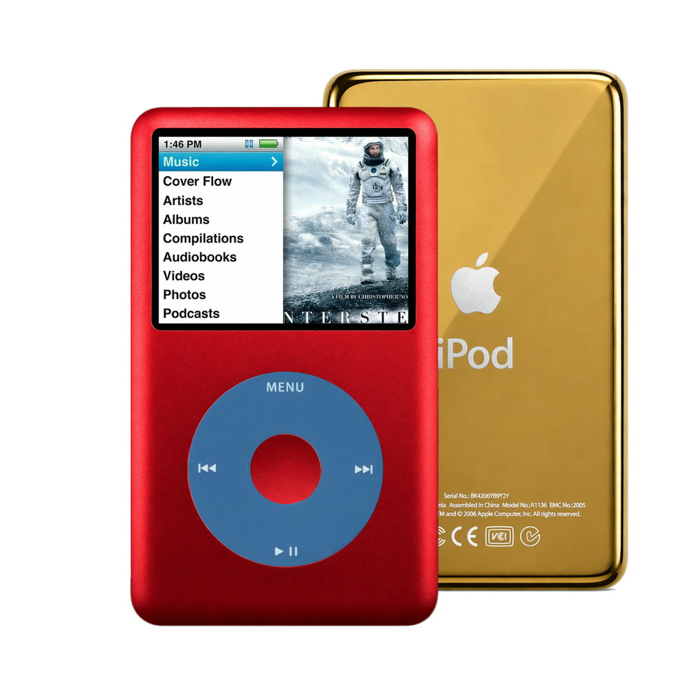 Red refurbished iPod Classic 7th Gen with Blue click wheel and Gold back plate