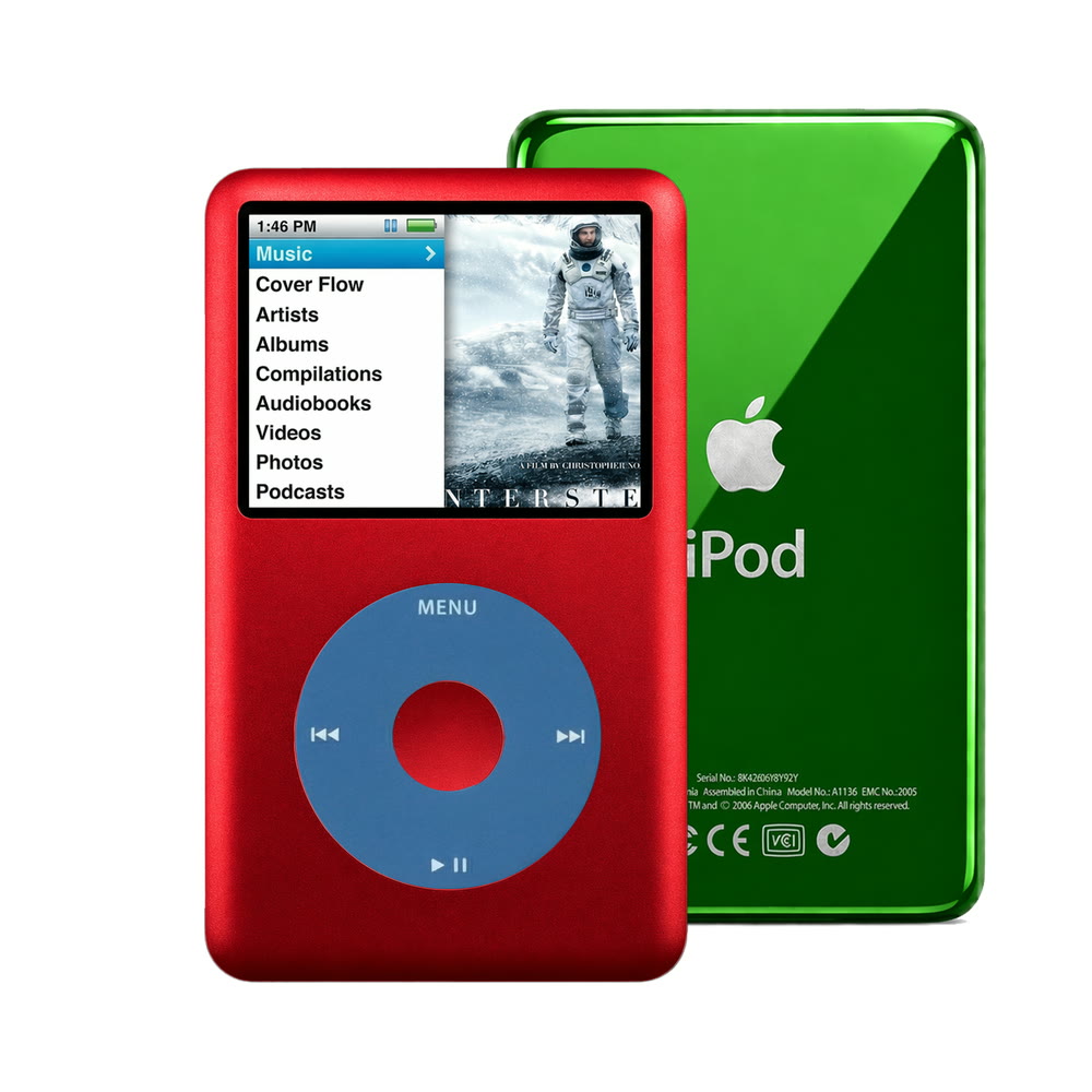 Red refurbished iPod Classic 7th Gen with Blue click wheel and Green back plate