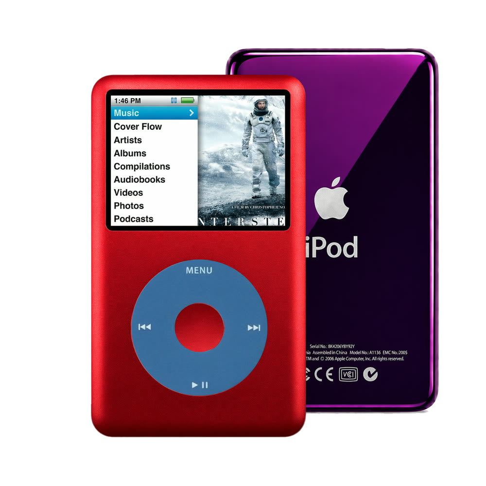 Red refurbished iPod Classic 7th Gen with Blue click wheel and Purple back plate