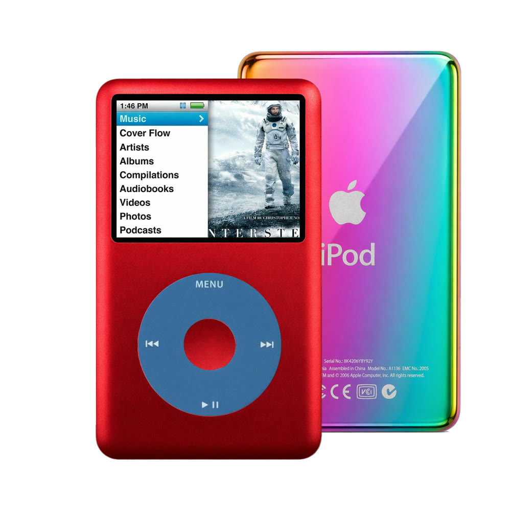 Red refurbished iPod Classic 7th Gen with Blue click wheel and Rainbow back plate