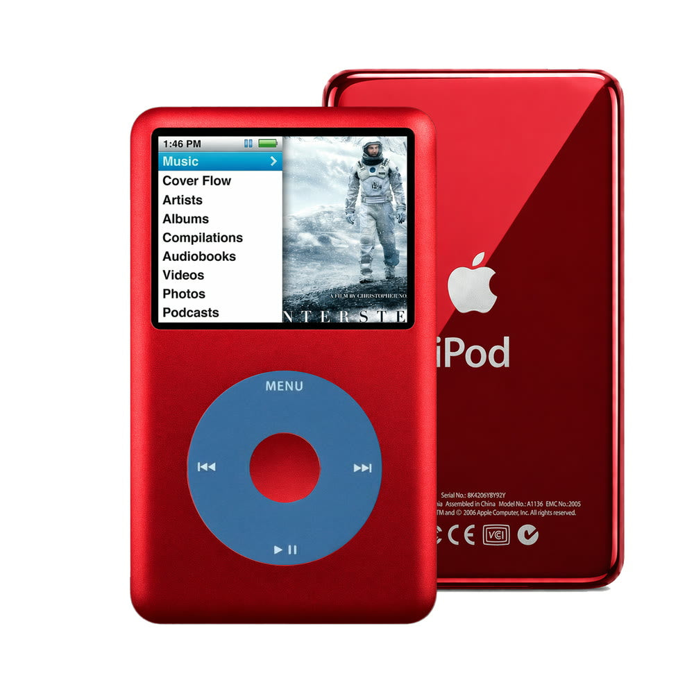 Red refurbished iPod Classic 7th Gen with Blue click wheel and Red back plate