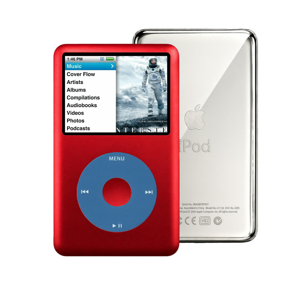 Red refurbished iPod Classic 7th Gen with Blue click wheel and Silver back plate