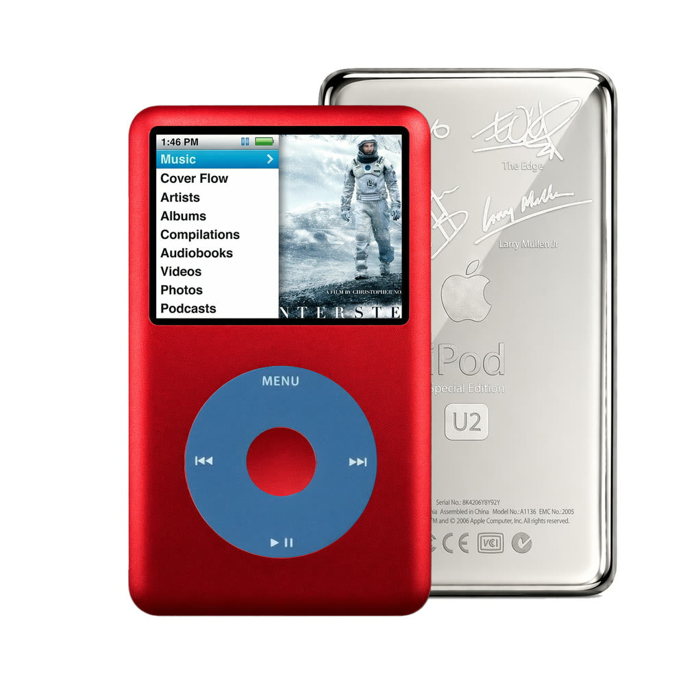 Red refurbished iPod Classic 7th Gen with Blue click wheel and Silver U2 back plate