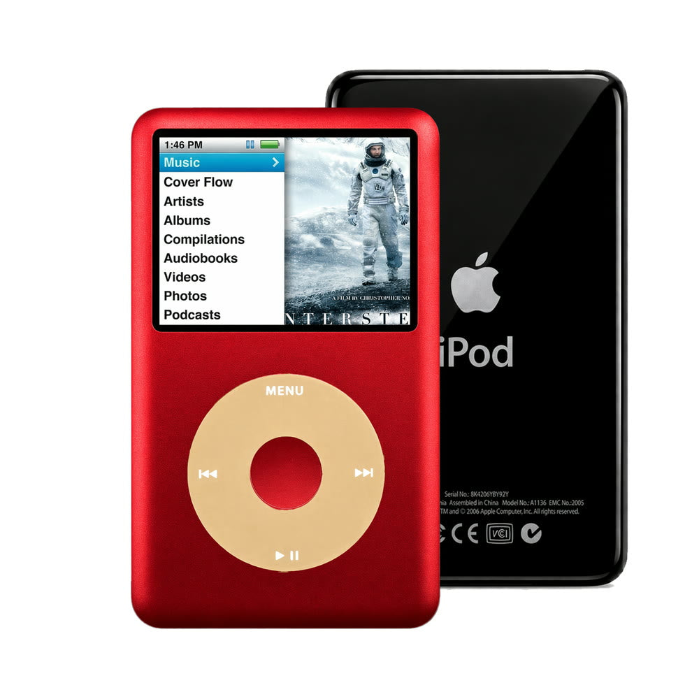 Red refurbished iPod Classic 7th Gen with Gold click wheel and Black back plate
