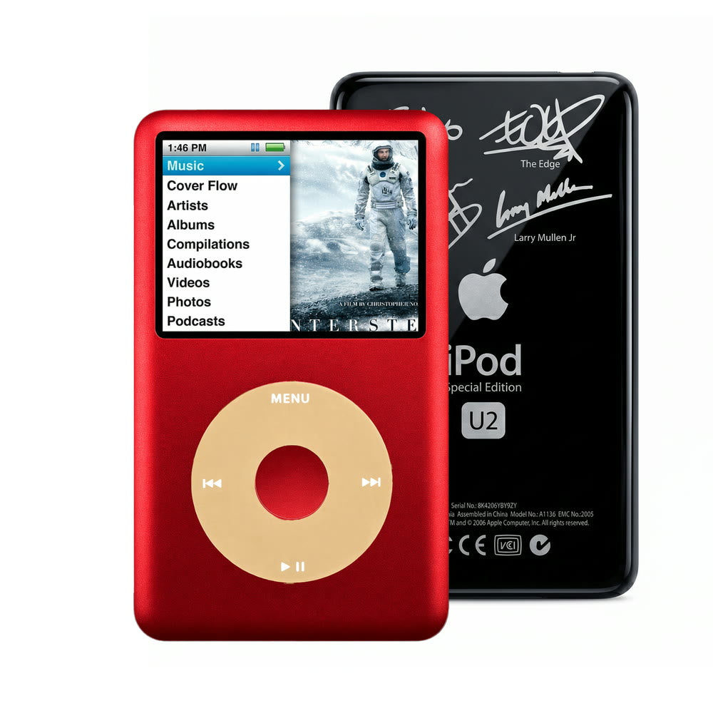 Red refurbished iPod Classic 7th Gen with Gold click wheel and Black U2 back plate