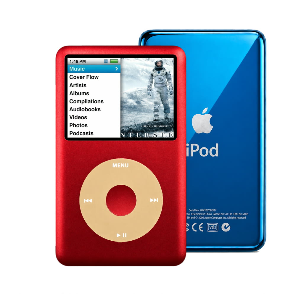 Red refurbished iPod Classic 7th Gen with Gold click wheel and Blue back plate