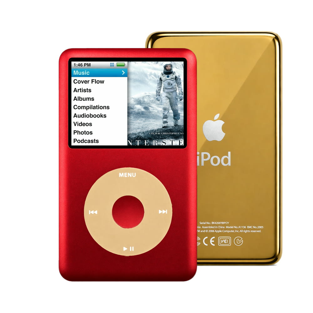 Red refurbished iPod Classic 7th Gen with Gold click wheel and Gold back plate