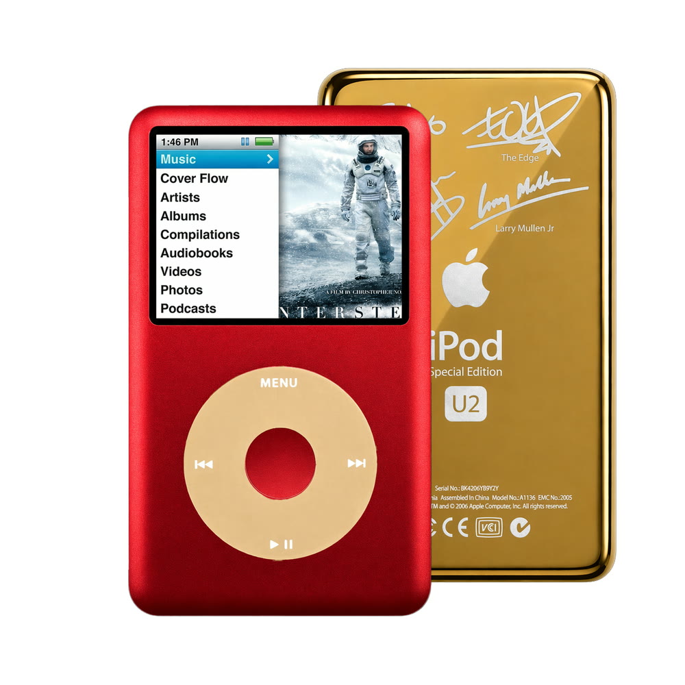 Red refurbished iPod Classic 7th Gen with Gold click wheel and Gold U2 back plate