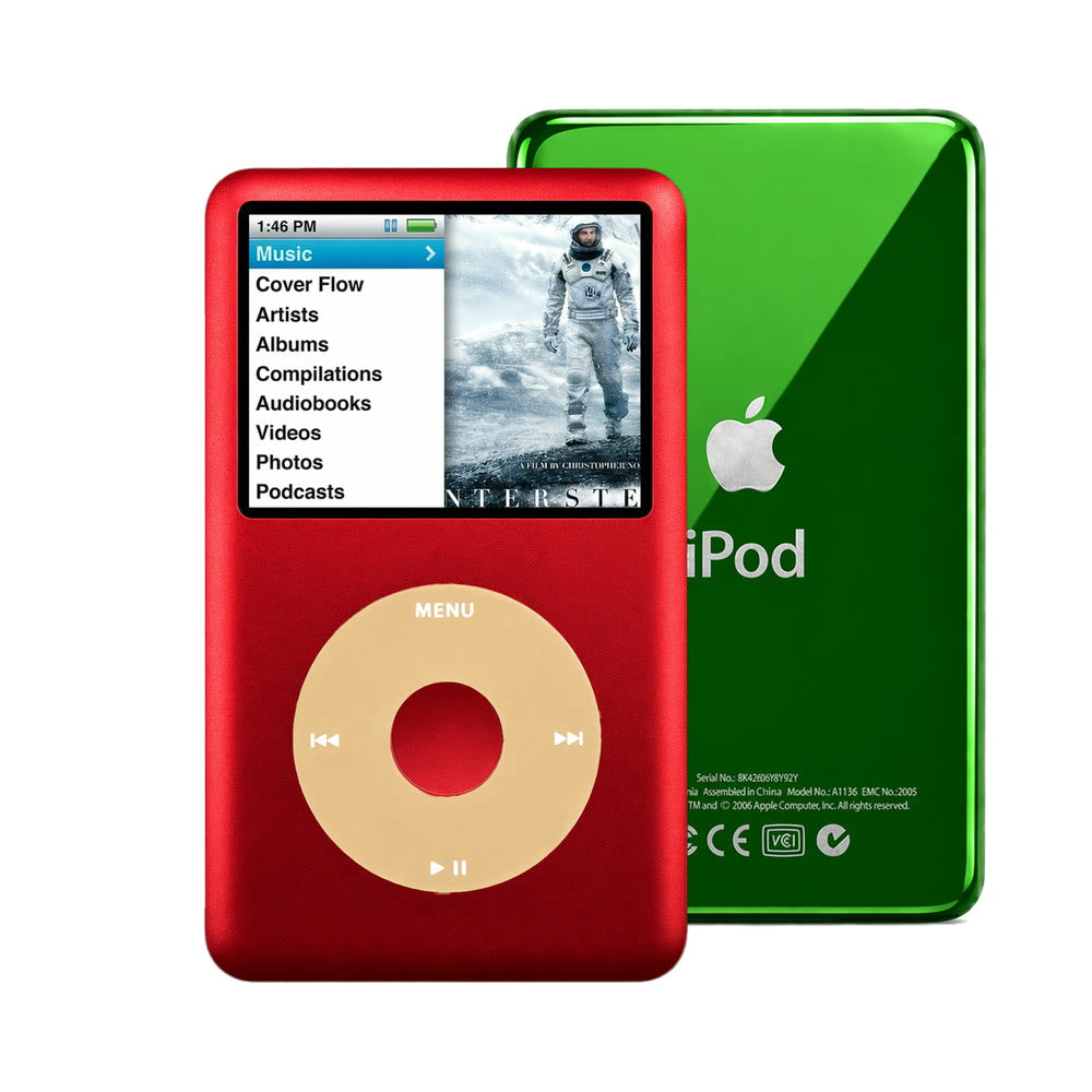 Red refurbished iPod Classic 7th Gen with Gold click wheel and Green back plate