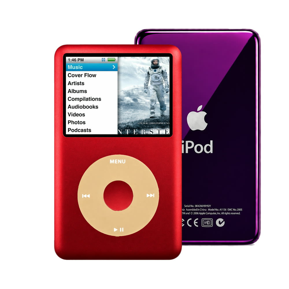 Red refurbished iPod Classic 7th Gen with Gold click wheel and Purple back plate