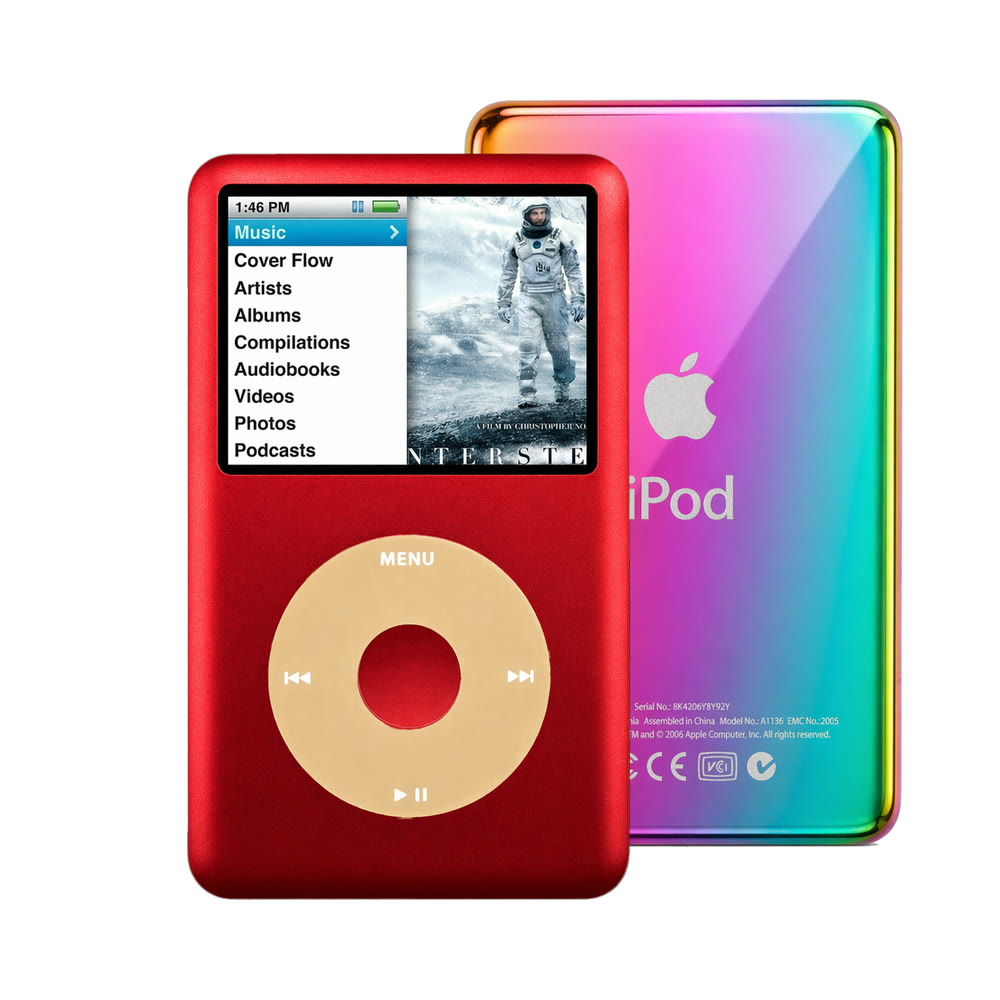Red refurbished iPod Classic 7th Gen with Gold click wheel and Rainbow back plate