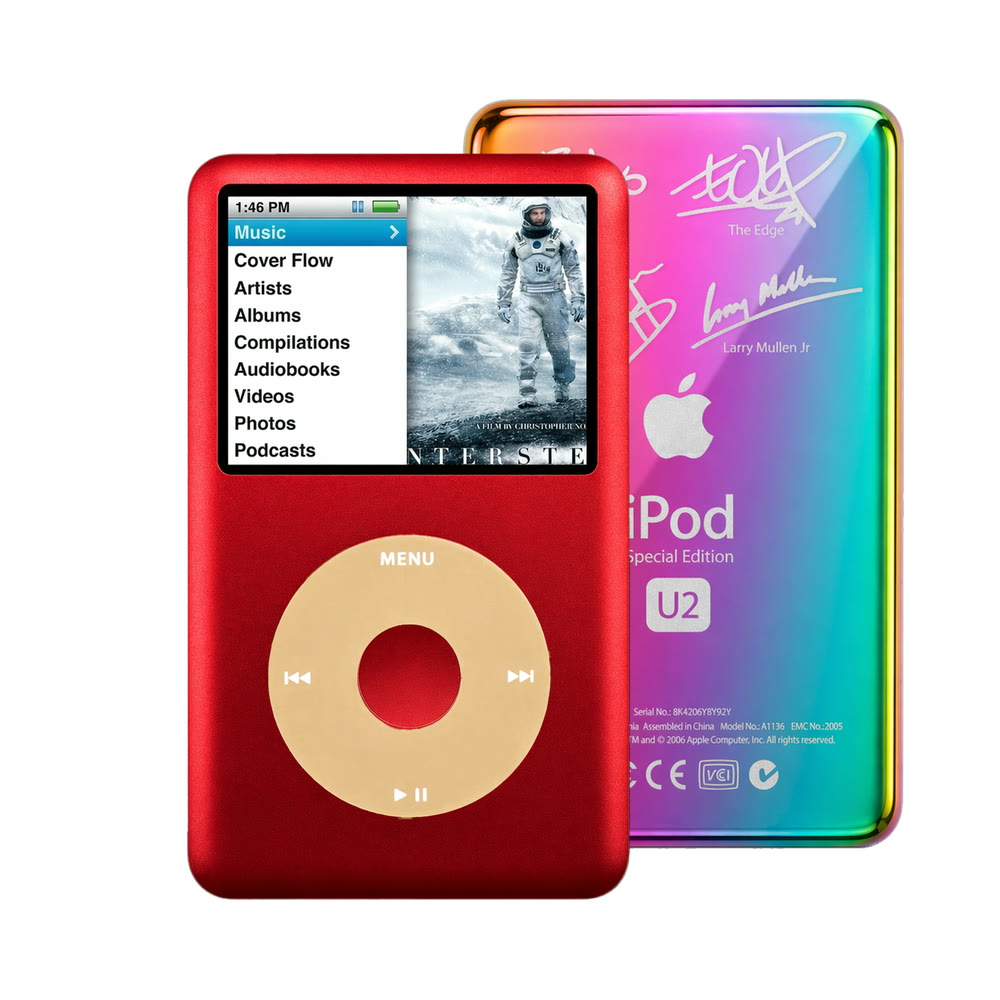 Red refurbished iPod Classic 7th Gen with Gold click wheel and Rainbow U2 back plate