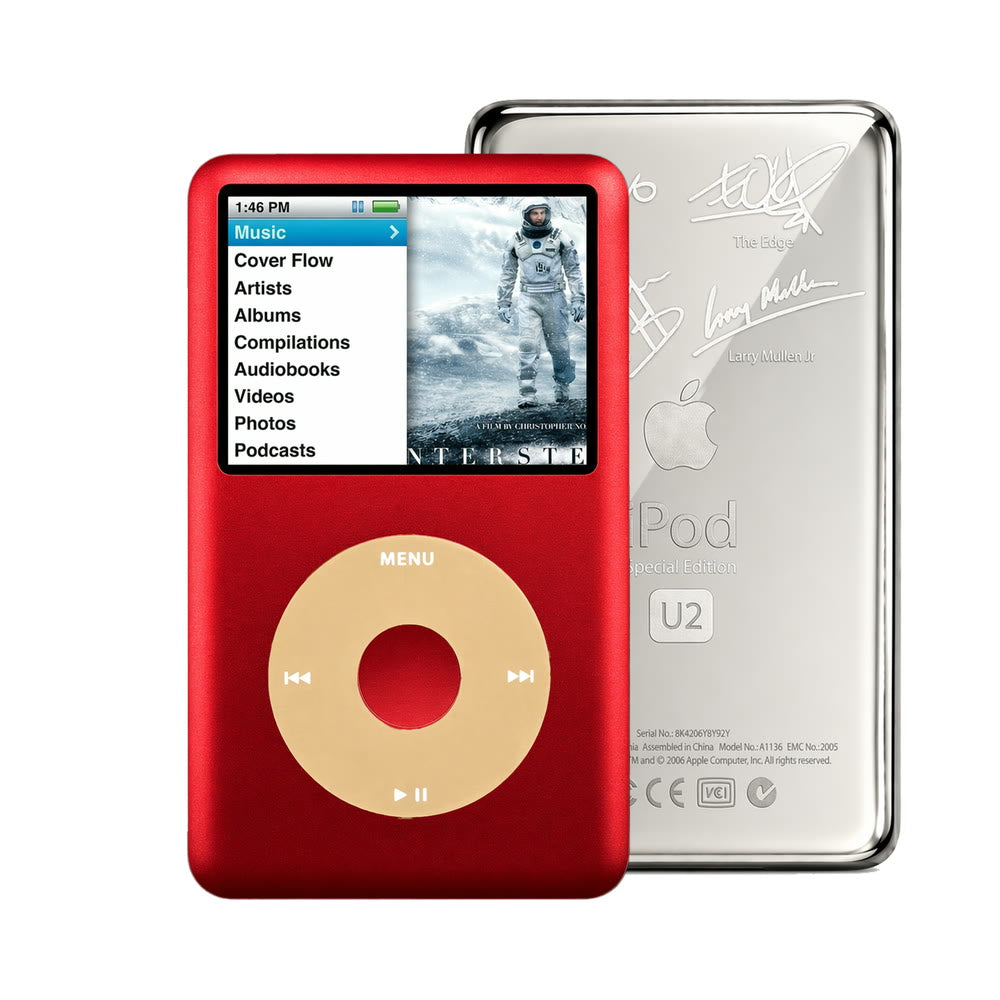 Red refurbished iPod Classic 7th Gen with Gold click wheel and Silver U2 back plate