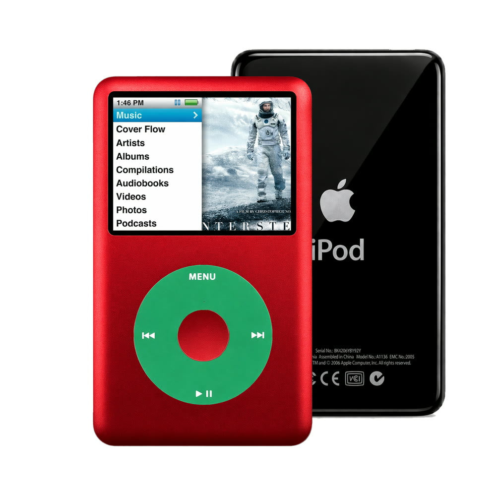 Red refurbished iPod Classic 7th Gen with Green click wheel and Black back plate