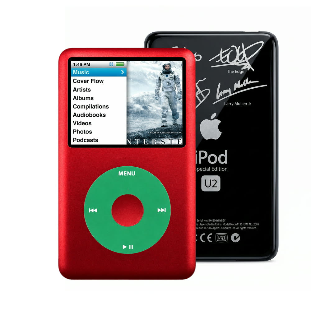 Red refurbished iPod Classic 7th Gen with Green click wheel and Black U2 back plate