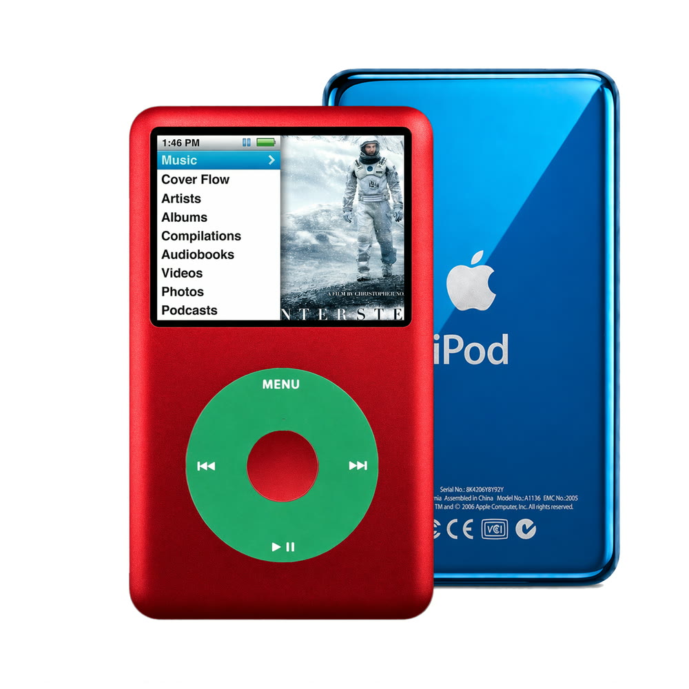 Red refurbished iPod Classic 7th Gen with Green click wheel and Blue back plate