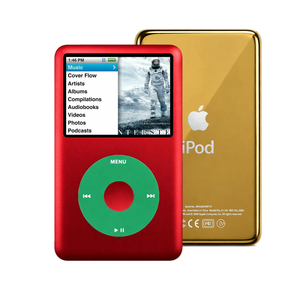 Red refurbished iPod Classic 7th Gen with Green click wheel and Gold back plate