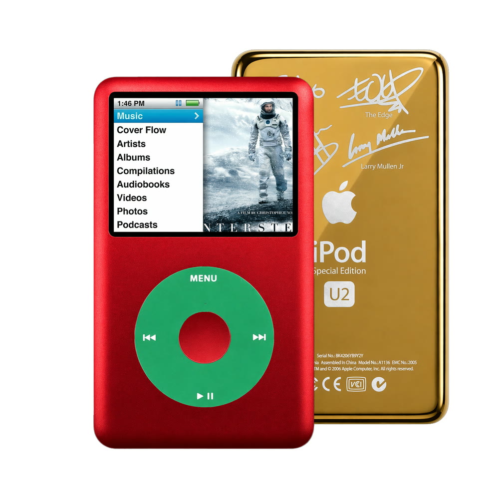 Red refurbished iPod Classic 7th Gen with Green click wheel and Gold U2 back plate