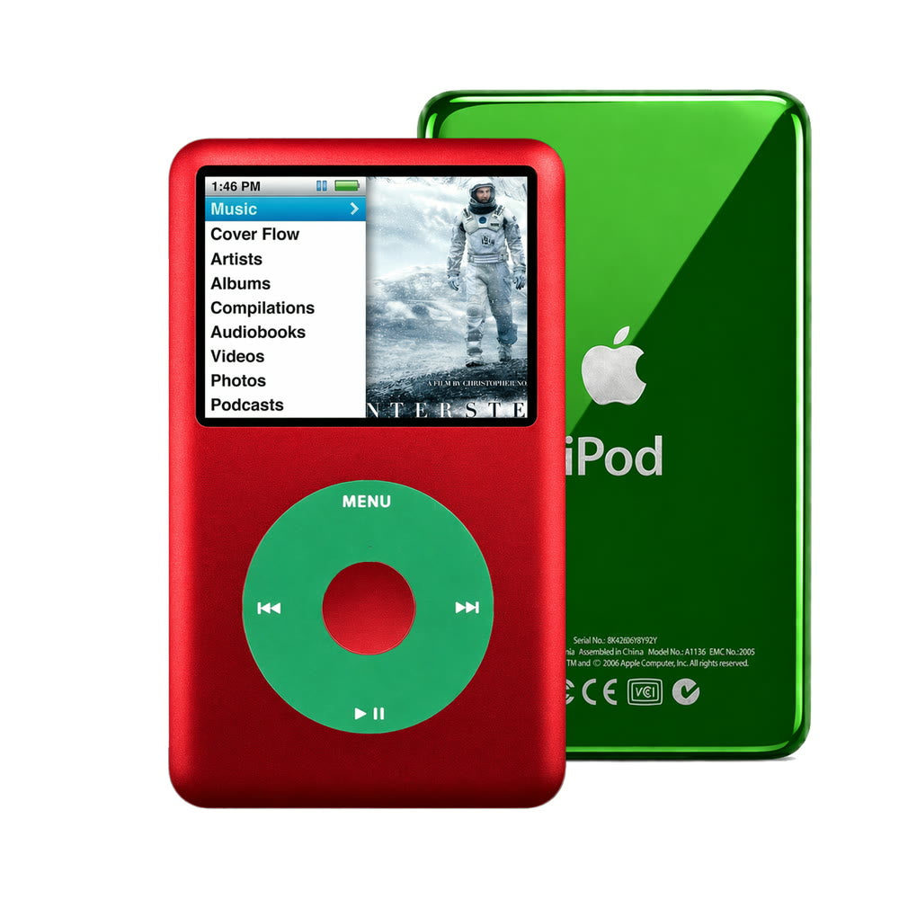 Red refurbished iPod Classic 7th Gen with Green click wheel and Green back plate