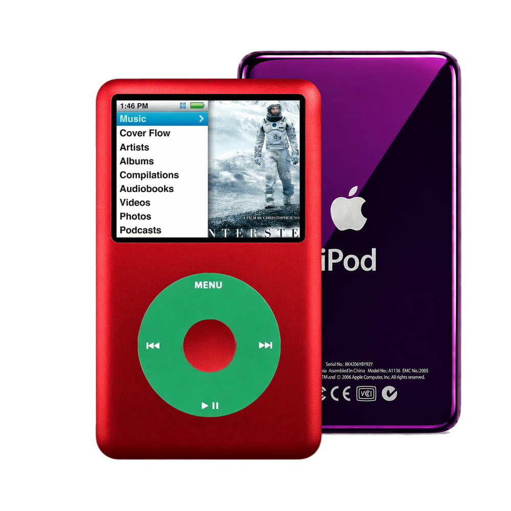 Red refurbished iPod Classic 7th Gen with Green click wheel and Purple back plate