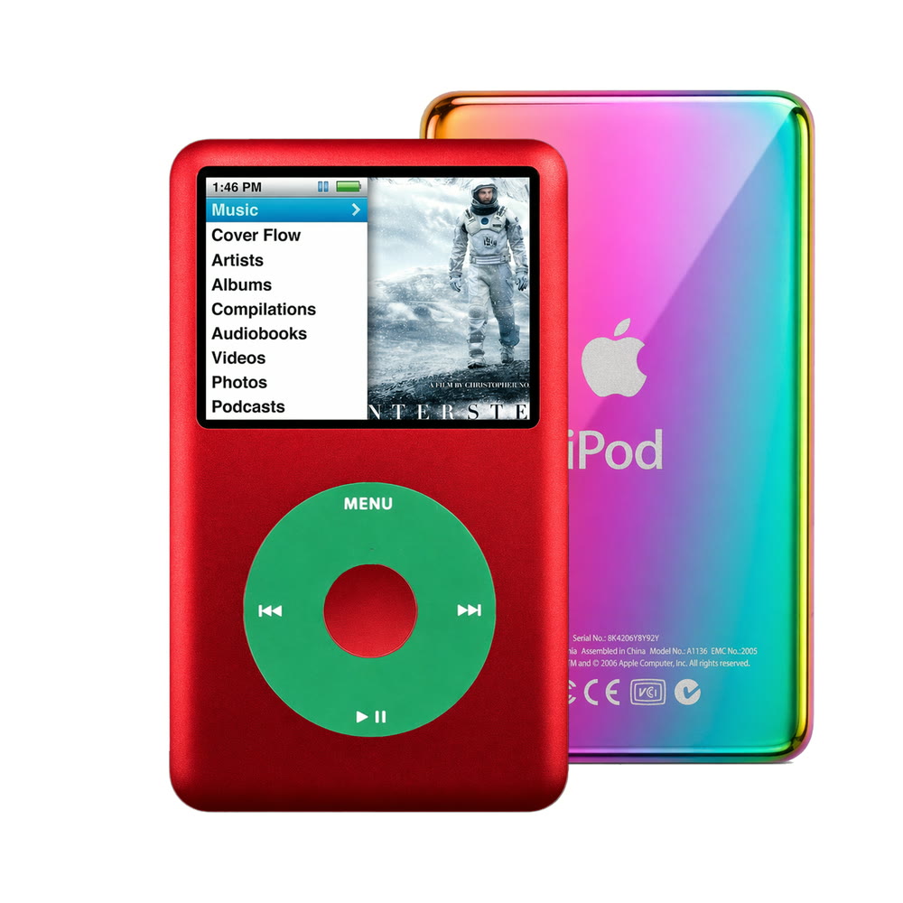 Red refurbished iPod Classic 7th Gen with Green click wheel and Rainbow back plate