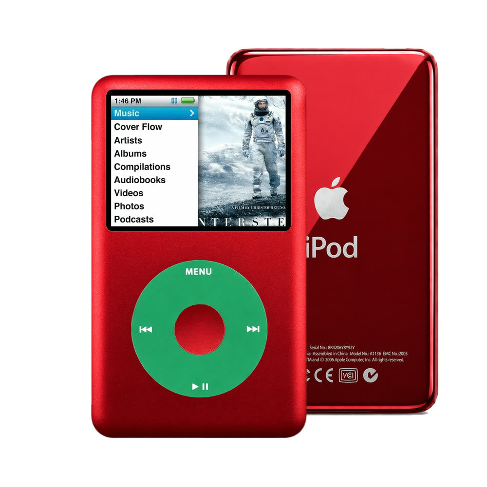 Red refurbished iPod Classic 7th Gen with Green click wheel and Red back plate