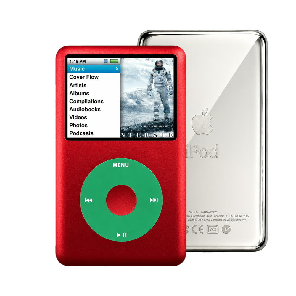 Red refurbished iPod Classic 7th Gen with Green click wheel and Silver back plate