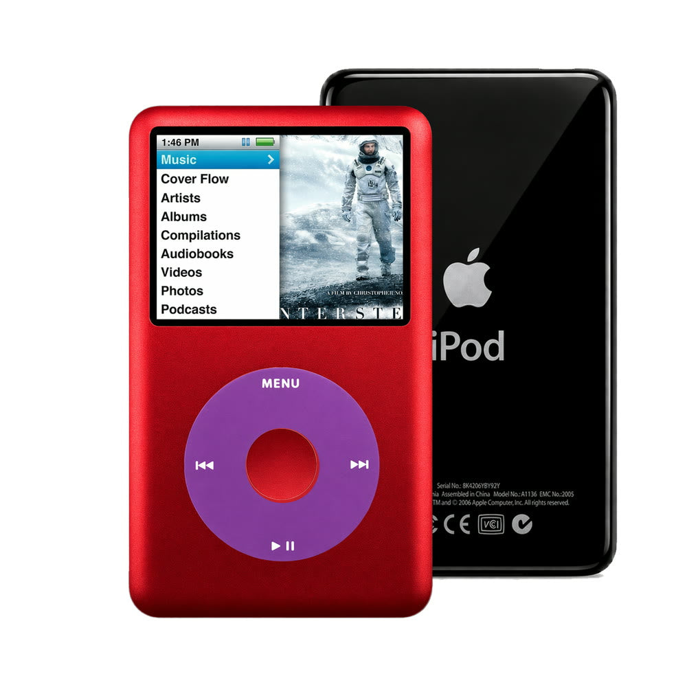 Red refurbished iPod Classic 7th Gen with Purple click wheel and Black back plate