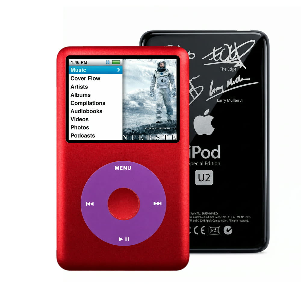 Red refurbished iPod Classic 7th Gen with Purple click wheel and Black U2 back plate