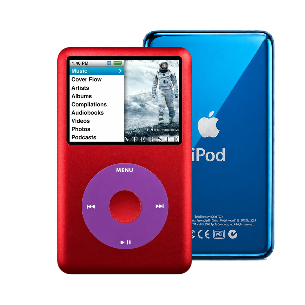 Red refurbished iPod Classic 7th Gen with Purple click wheel and Blue back plate