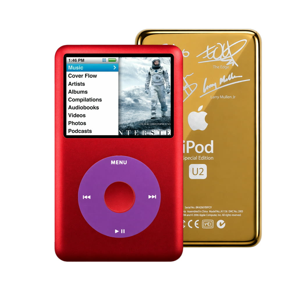 Red refurbished iPod Classic 7th Gen with Purple click wheel and Gold U2 back plate