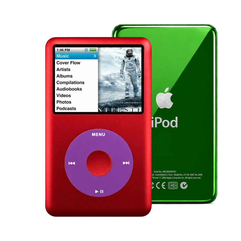 Red refurbished iPod Classic 7th Gen with Purple click wheel and Green back plate