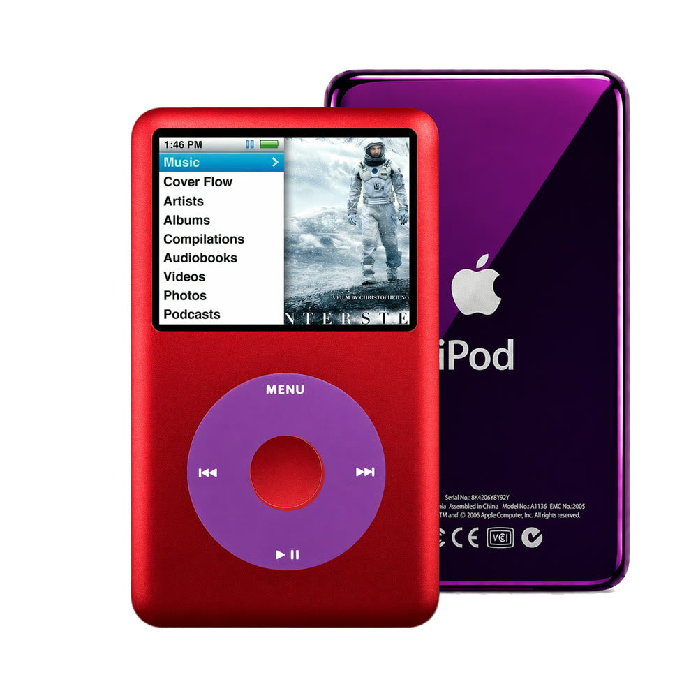 Red refurbished iPod Classic 7th Gen with Purple click wheel and Purple back plate