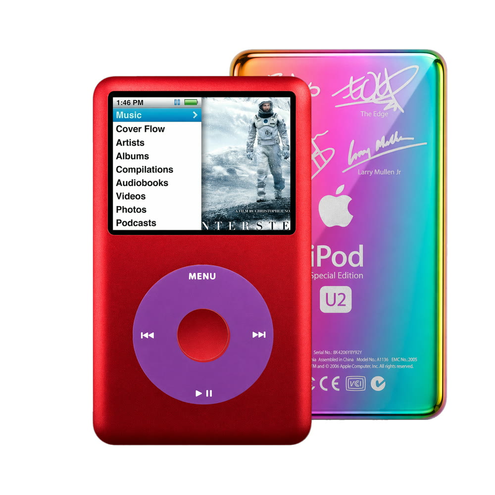 Red refurbished iPod Classic 7th Gen with Purple click wheel and Rainbow U2 back plate