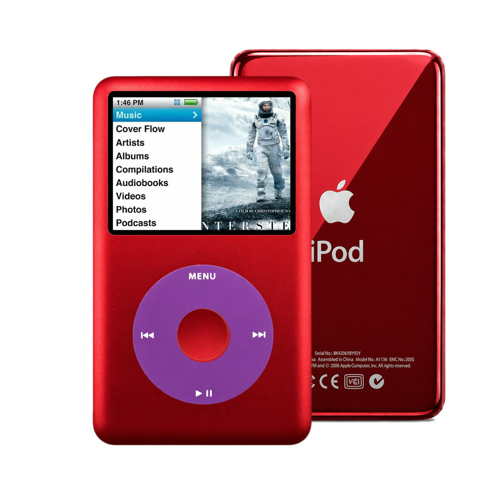 Red refurbished iPod Classic 7th Gen with Purple click wheel and Red back plate