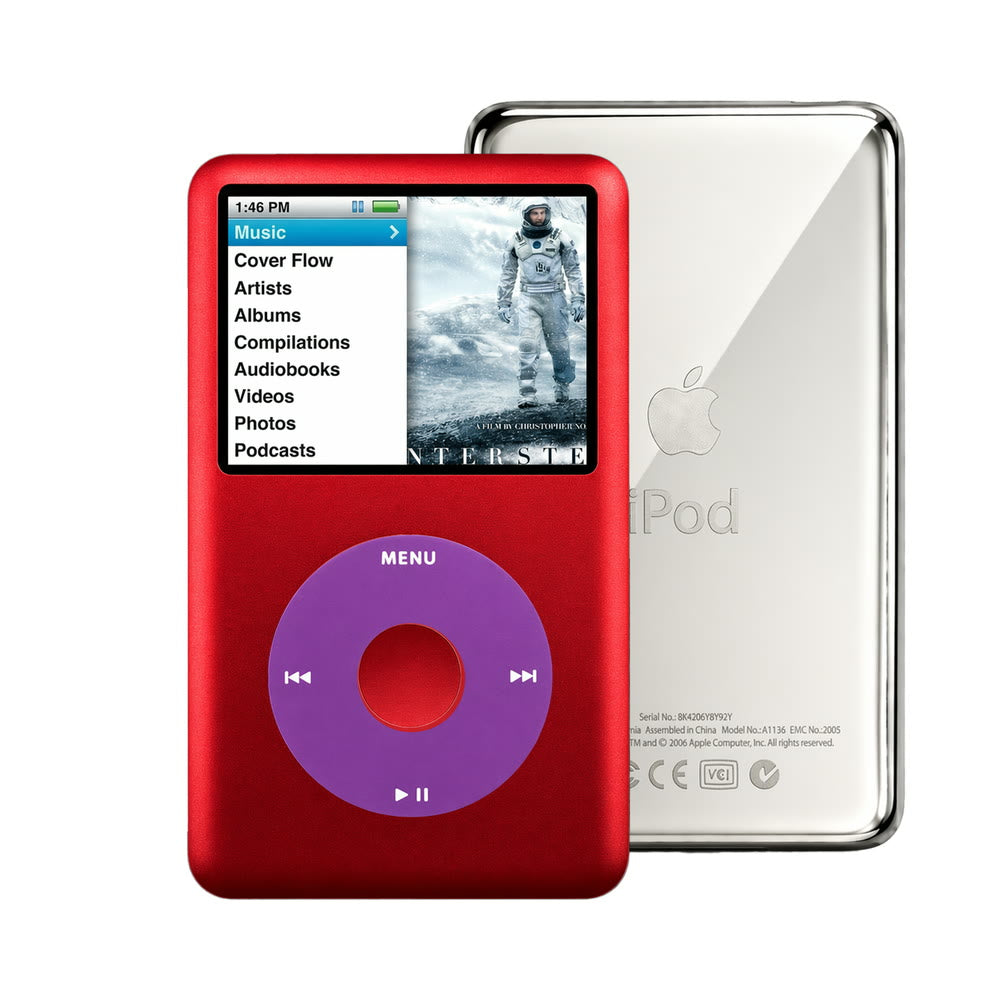 Red refurbished iPod Classic 7th Gen with Purple click wheel and Silver back plate