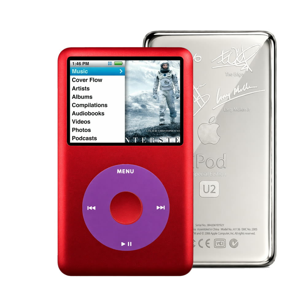 Red refurbished iPod Classic 7th Gen with Purple click wheel and Silver U2 back plate
