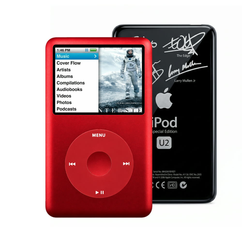 Red refurbished iPod Classic 7th Gen with Red click wheel and Black U2 back plate