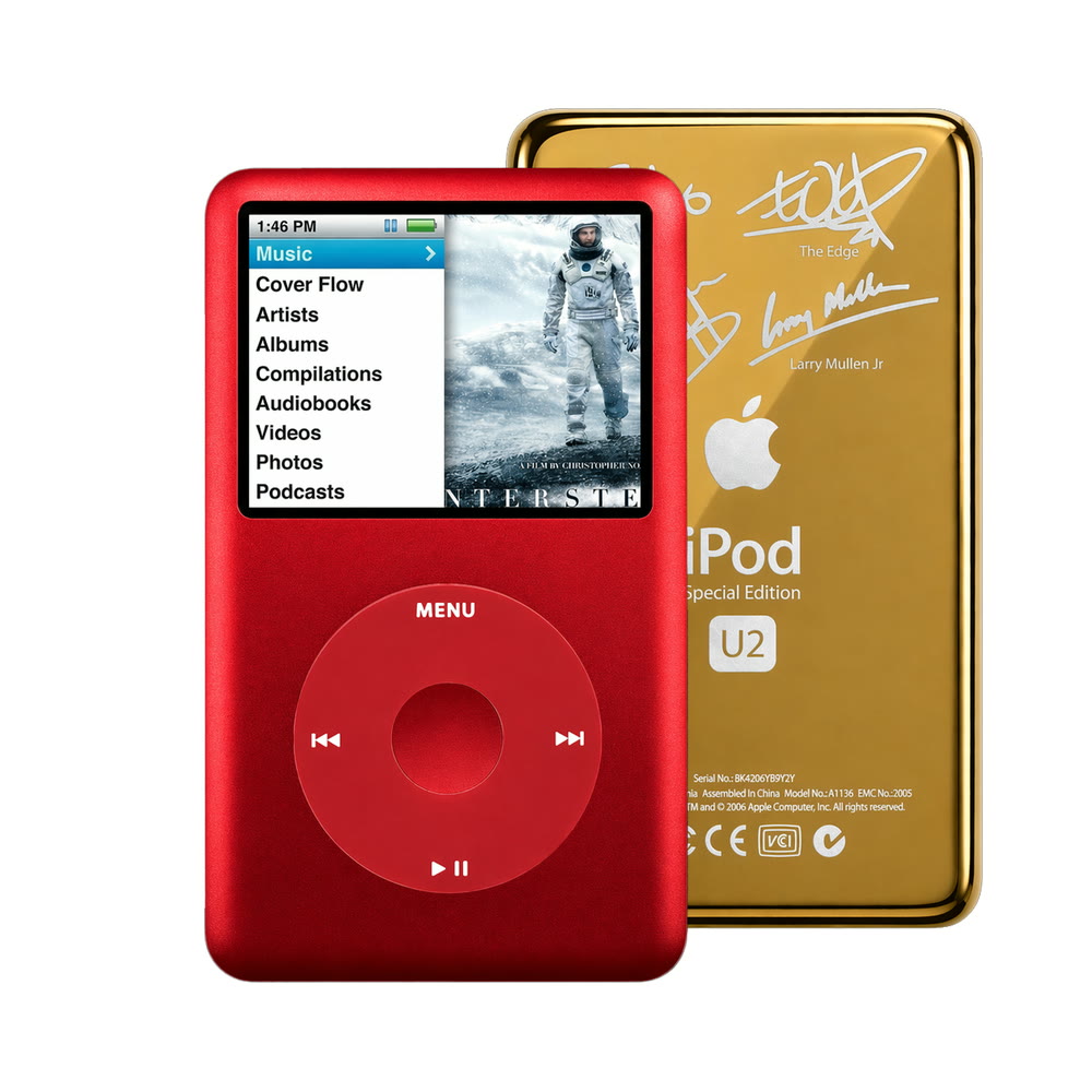 Red refurbished iPod Classic 7th Gen with Red click wheel and Gold U2 back plate
