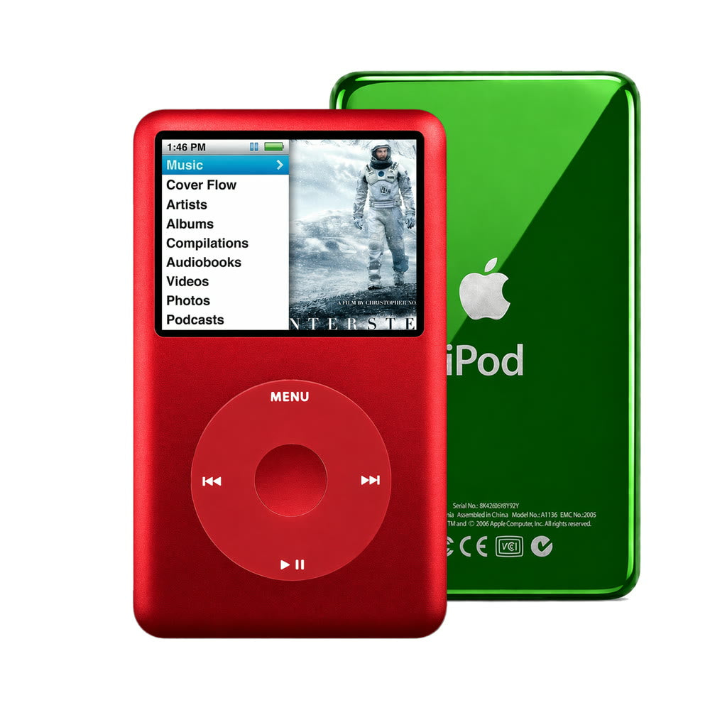 Red refurbished iPod Classic 7th Gen with Red click wheel and Green back plate