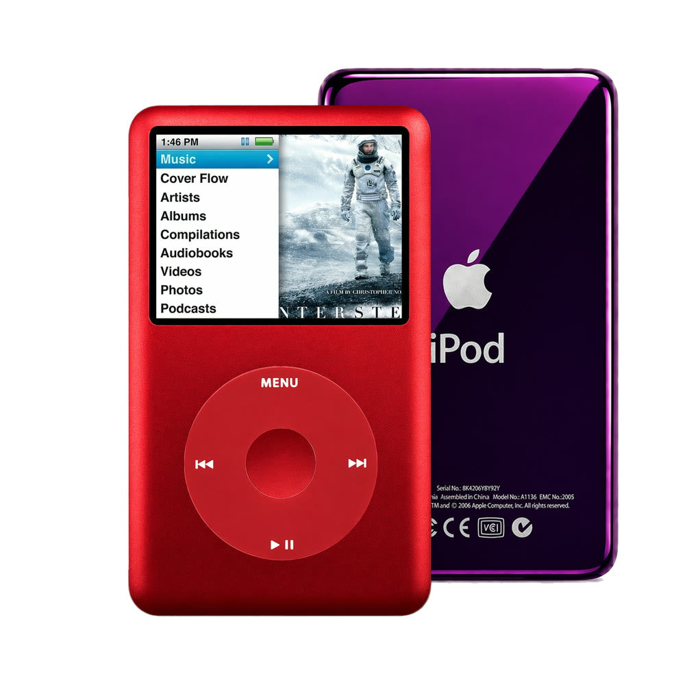 Red refurbished iPod Classic 7th Gen with Red click wheel and Purple back plate