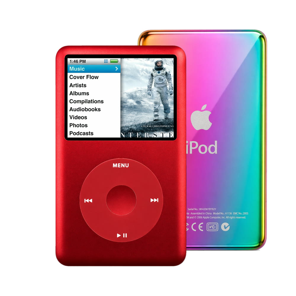 Red refurbished iPod Classic 7th Gen with Red click wheel and Rainbow back plate